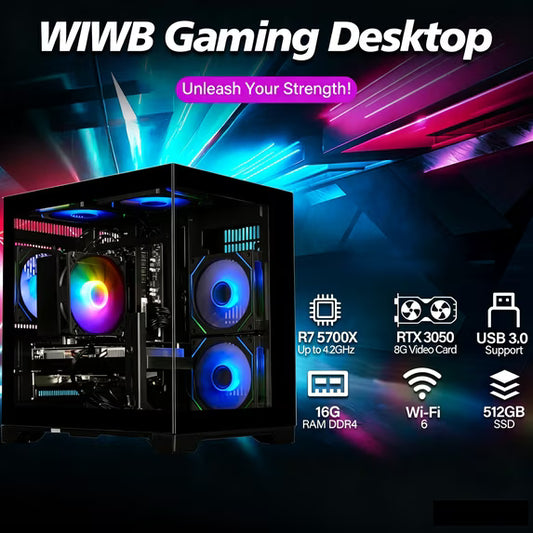 WIWB Ryzen 7 5700X Gaming PC – RTX 3050 8GB • 16GB DDR4 • 512GB NVMe SSD • Windows Ready • High‑Performance Desktop for Gaming, Streaming & Office
