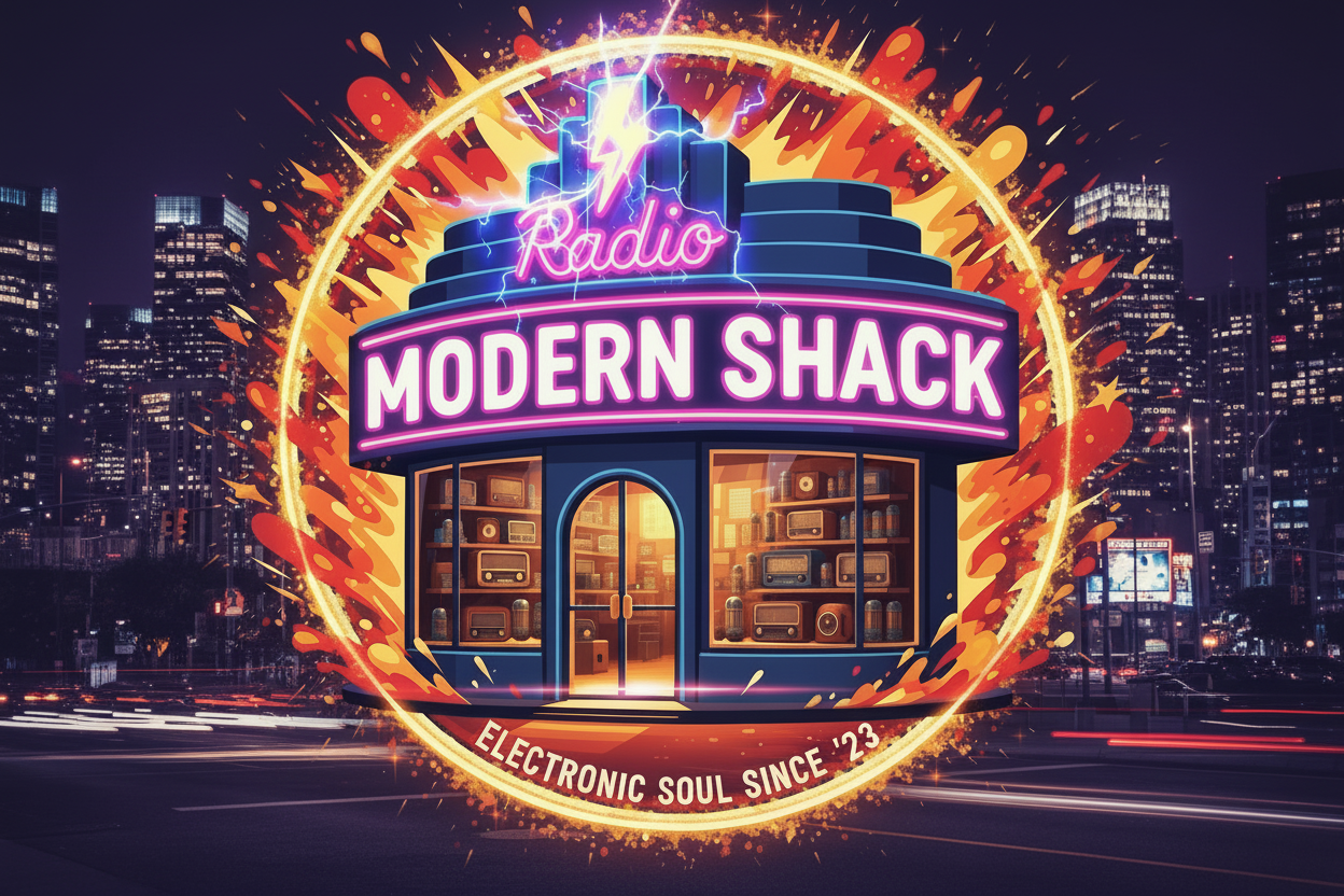 Neon sign for 'Radio Modern Shack' with cityscape background